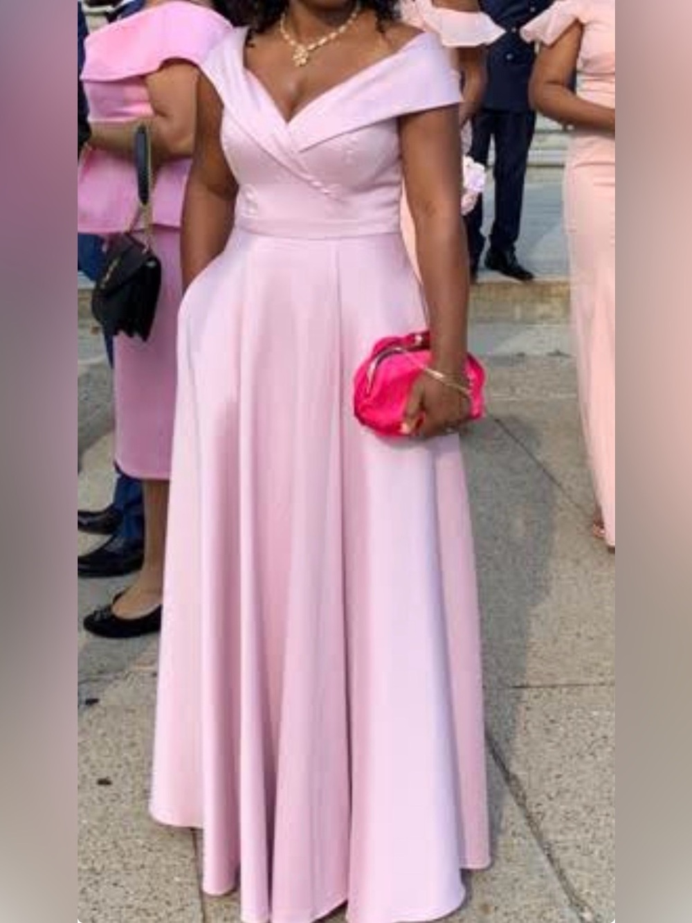 Xscape Light Pink Off-Shoulder Maxi Gown